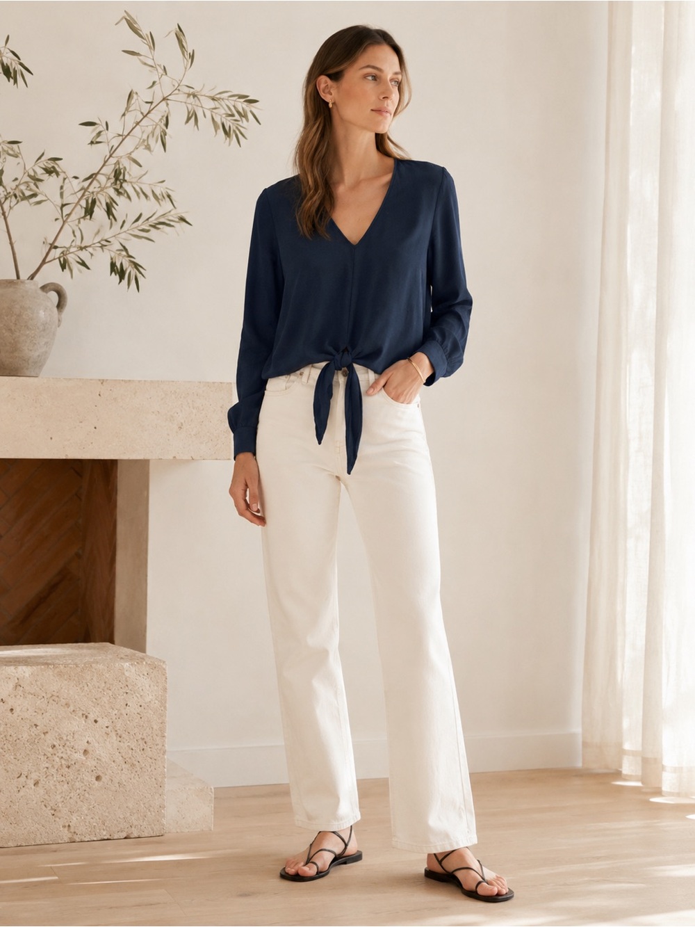 Jenni Kayne Italian Crepe Tie Front Blouse Navy XS